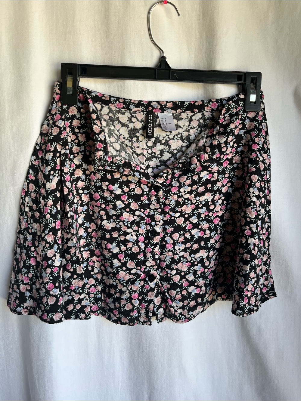 Divided Black Floral Skater Skirt with Pink & White Blooms